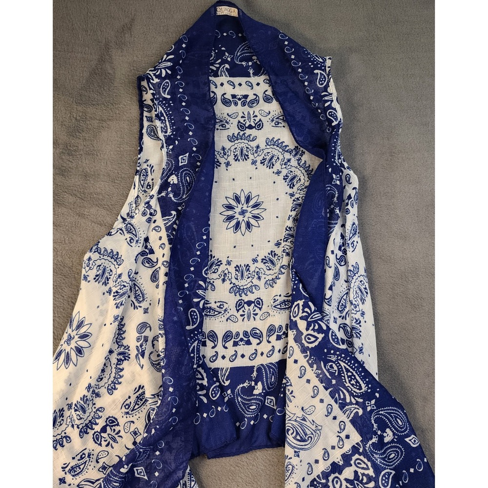 Quagga Blue White Paisley Bandana Vest Open Front Fringed Boho One Size Country